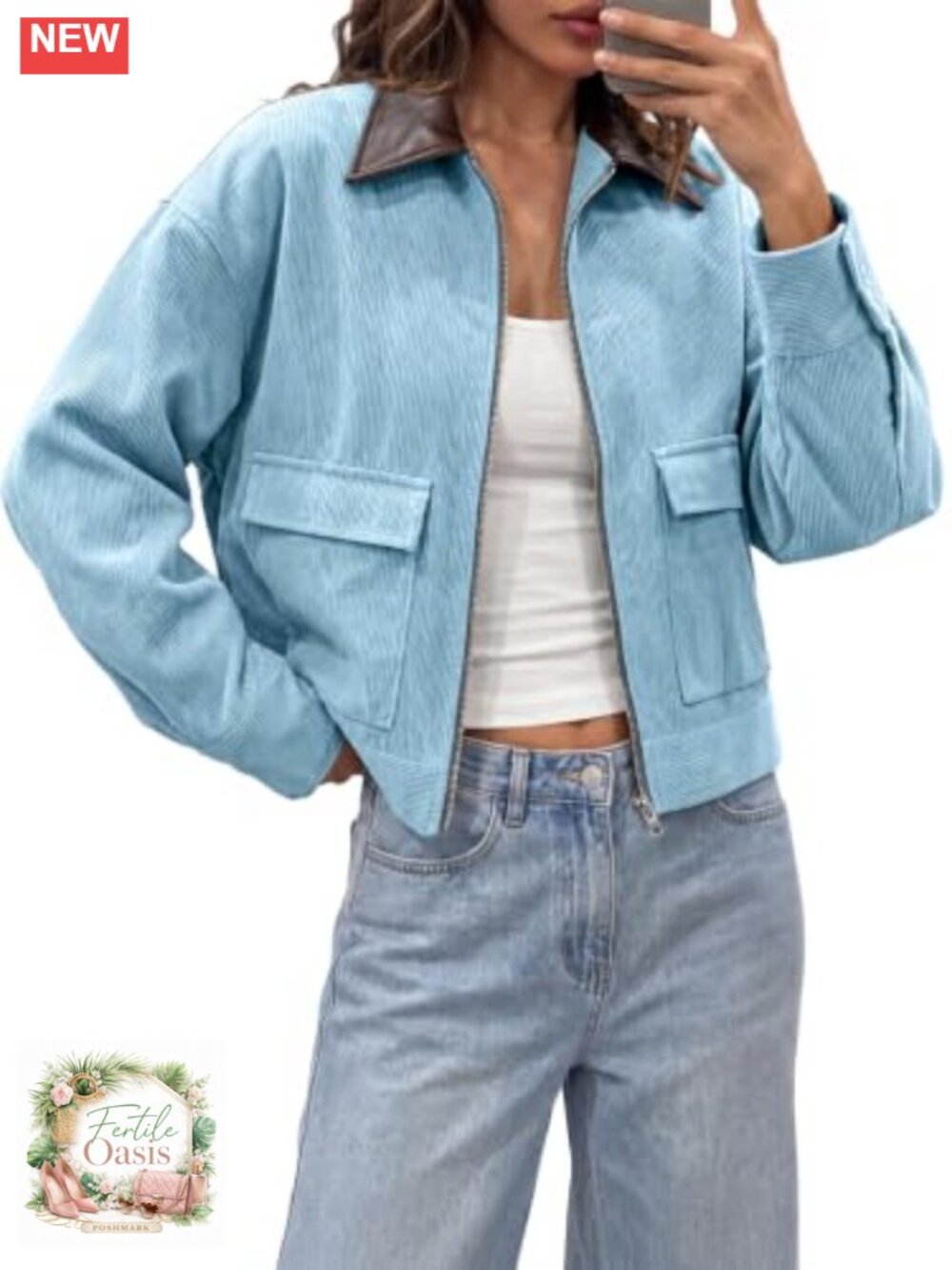 Women's Cropped Corduroy Jacket Oversized Zip Up Barn Bomber Coat